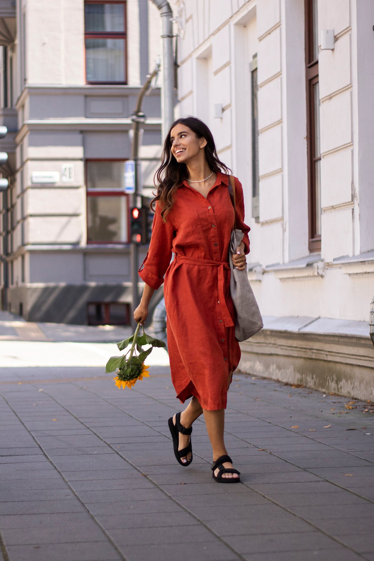 Linine Color Linen Dress Brick Color - Linen Clothing - LinenSheep