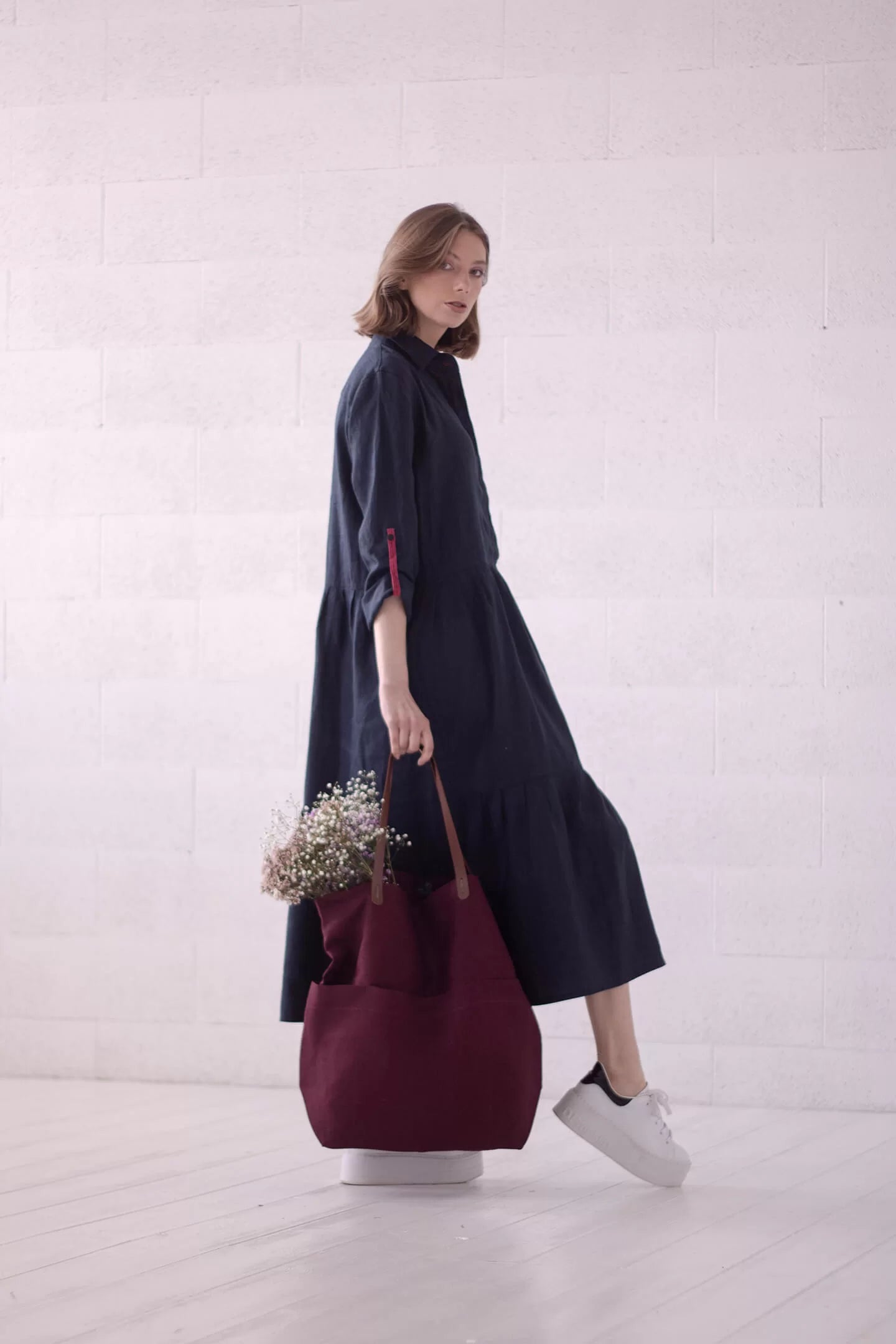 long linen dress dark blue